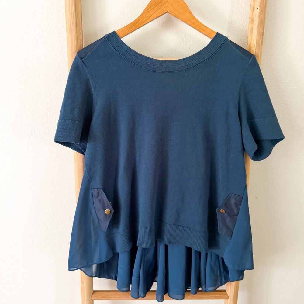 Anthropologie Moth Navy Mixed Media Hi Low Peplum Top Large EUC